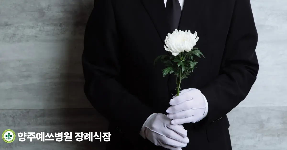흰 국화를 든 검은 상복 차림의 조문객