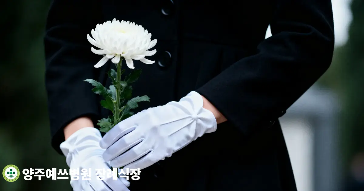 흰 국화를 든 상복 차림의 조문객